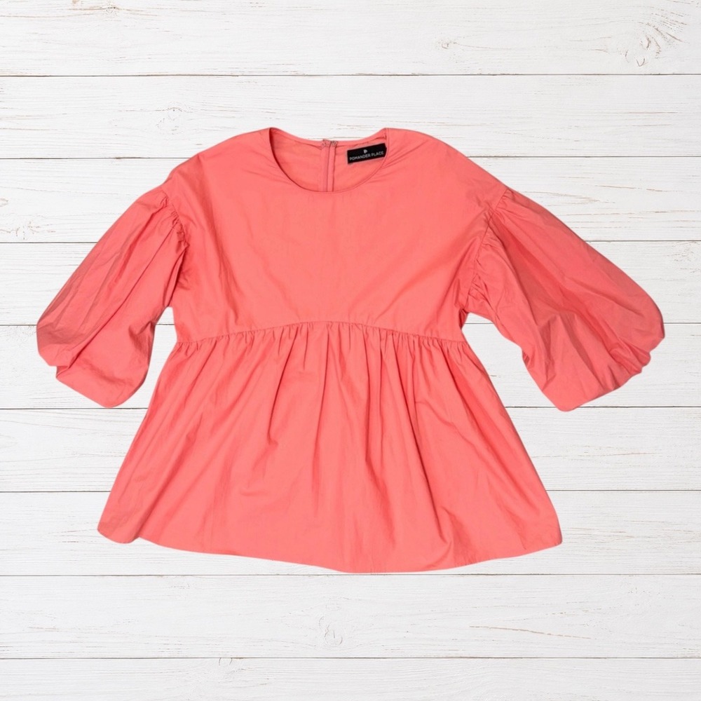 Pomander Place Coral Peplum Babydoll Top Balloon Sleeve Cotton XS Tuckernuck